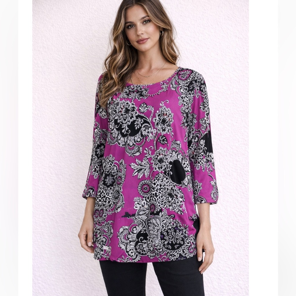 JM COLLECTIONS Fuschia Boho Rhinestone Paisley Tunic Top NWOT